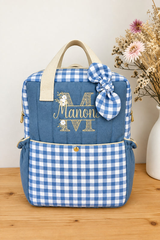 Le sac à dos enfant Ombeline gaze et vichy bleu indigo