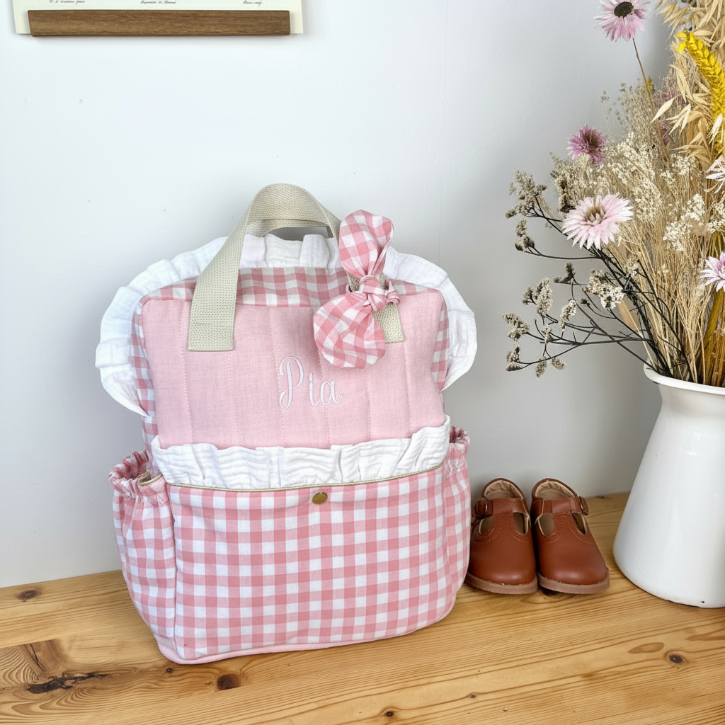 Le sac Ombeline volants, gaze et vichy rose