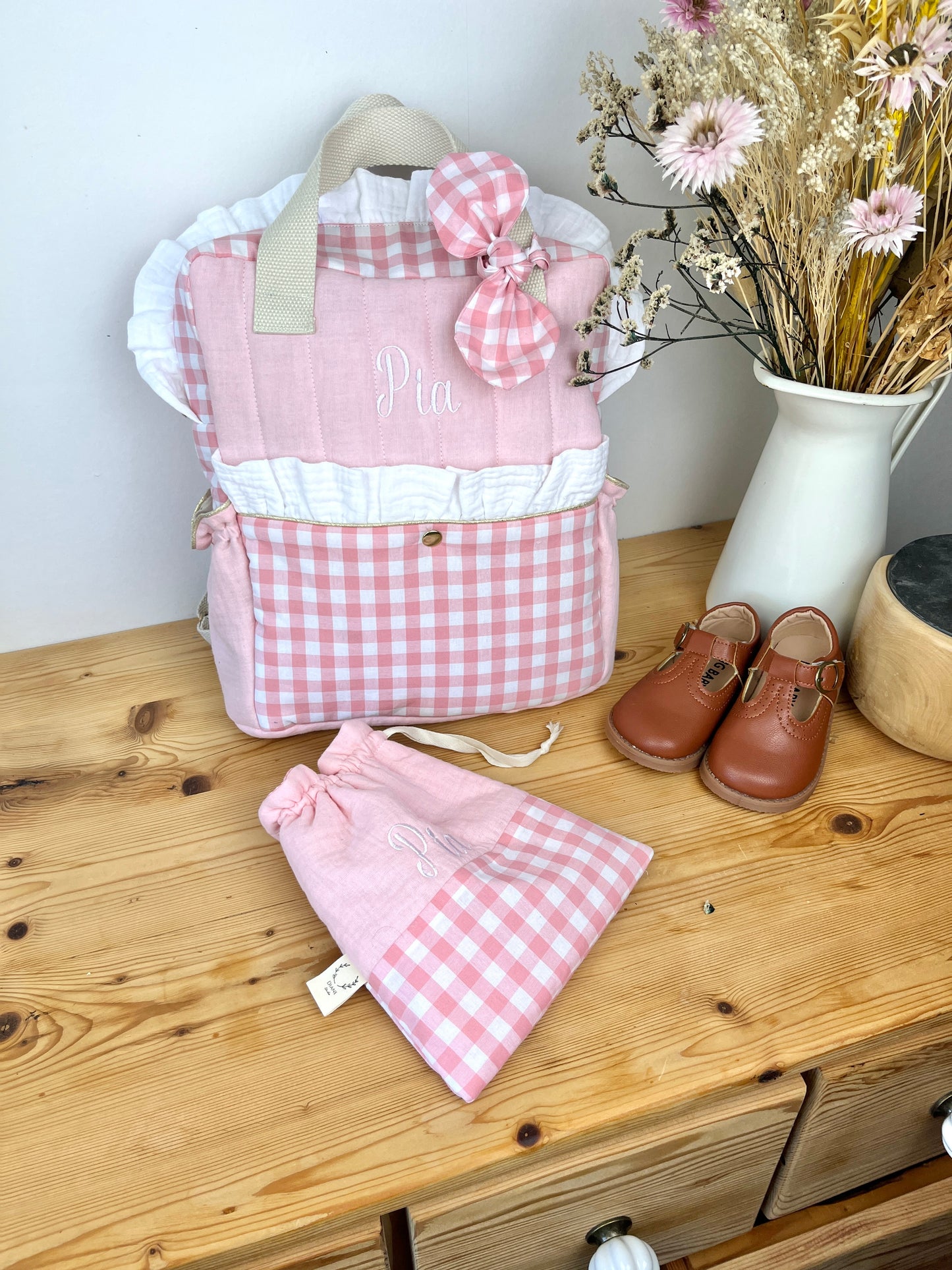 Le sac Ombeline volants, gaze et vichy rose