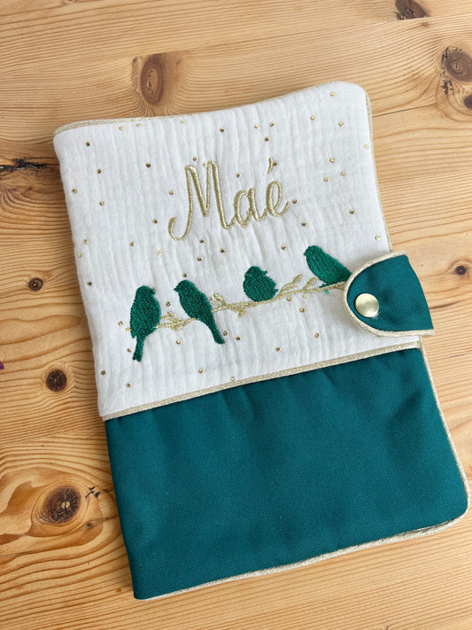 Mahé le protège carnet gaze crème doré et gabardine verte oiseaux