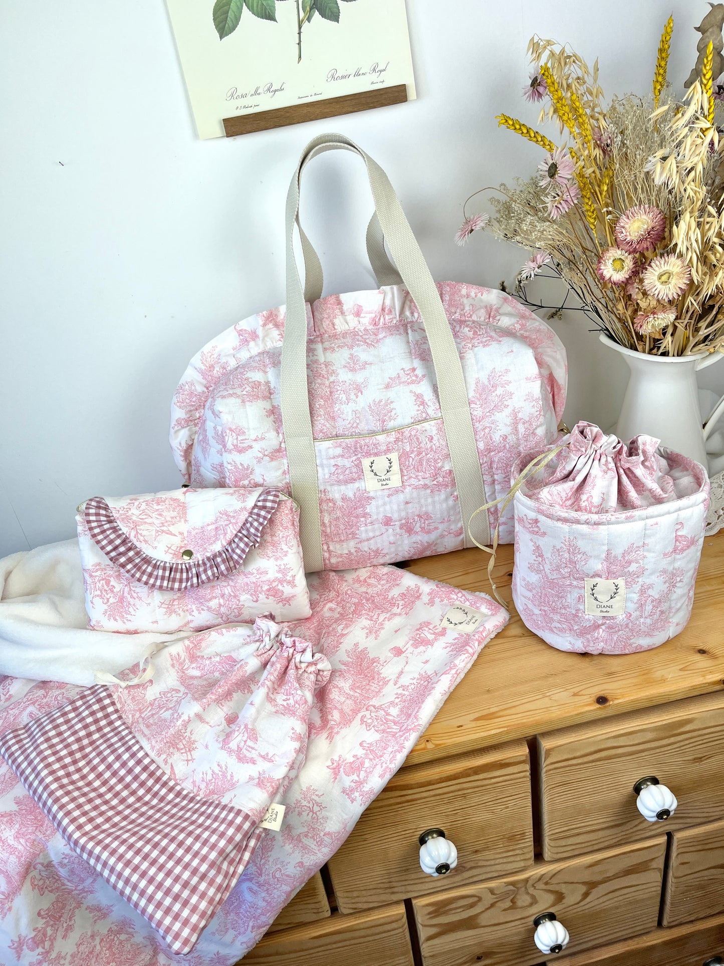 Ensemble Sac Chloé, panier pochon, pochon, couverture et matelas à langer personnalisable