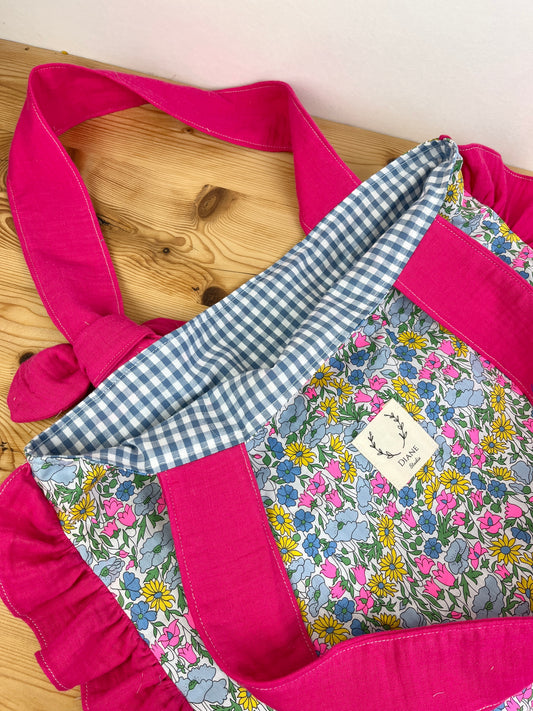 Le petit tote bag Liberty stabilo fluo et gaze fushia