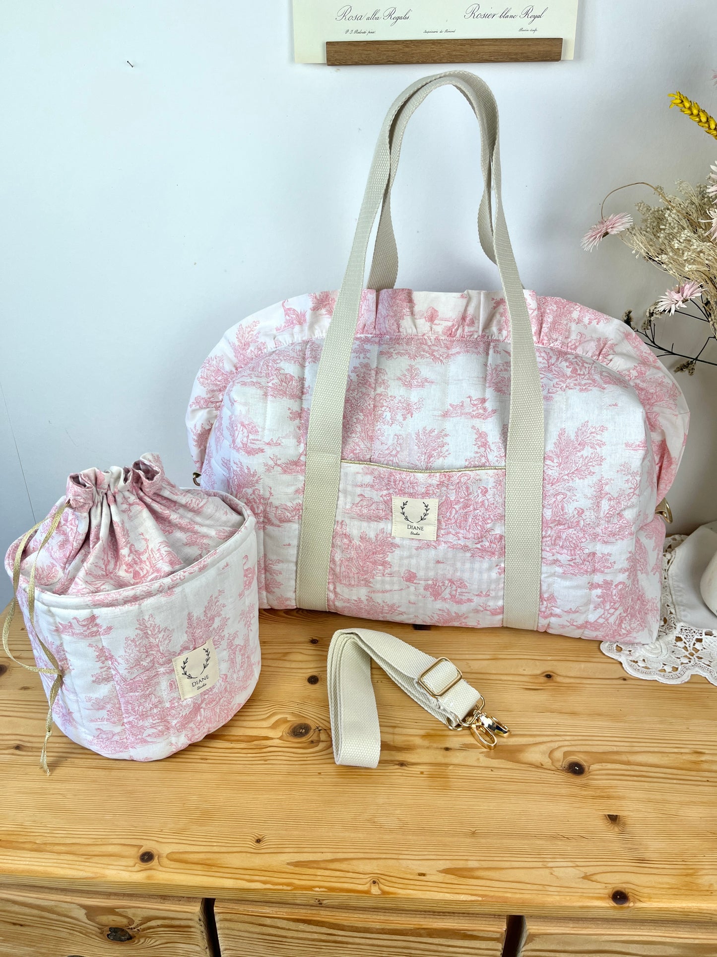 Ensemble Sac Chloé et panier pochon toile de jouy rose