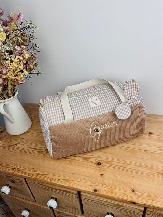 Louison le sac polochon matelassé enfant velours camel et vichy beige