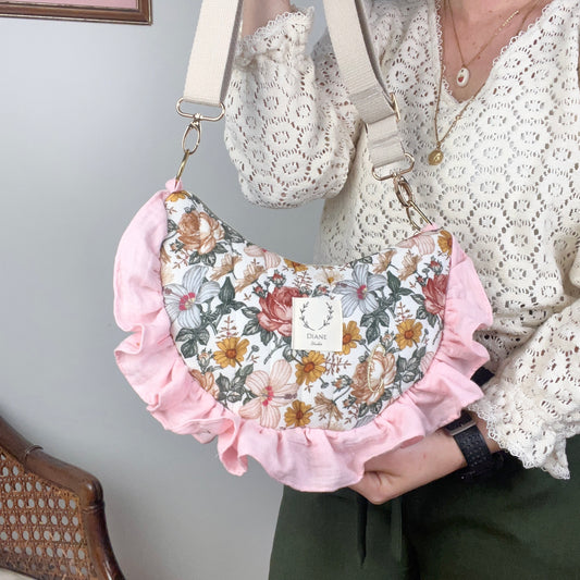 Milan le sac croissant matelassé gaze vintage et rose
