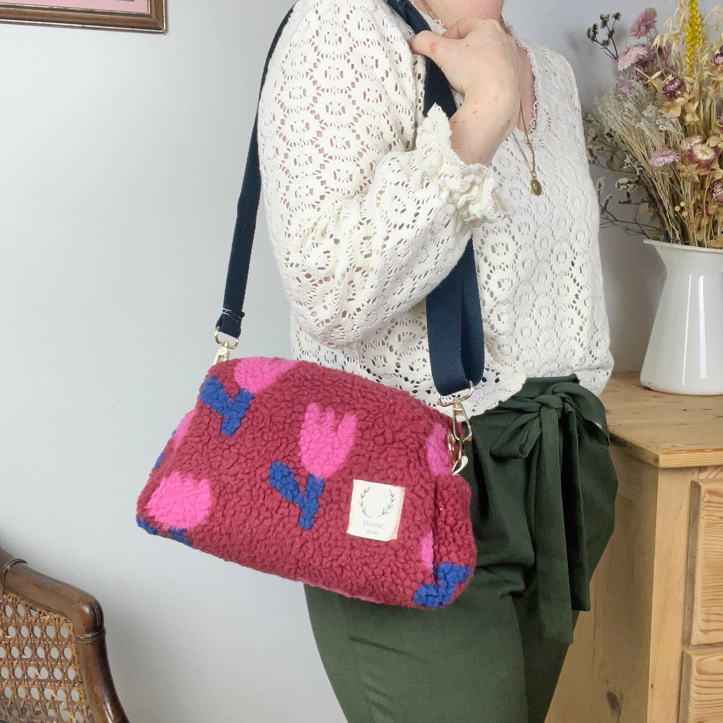 Colette le sac bandoulière sherpa tulipes roses - en stock