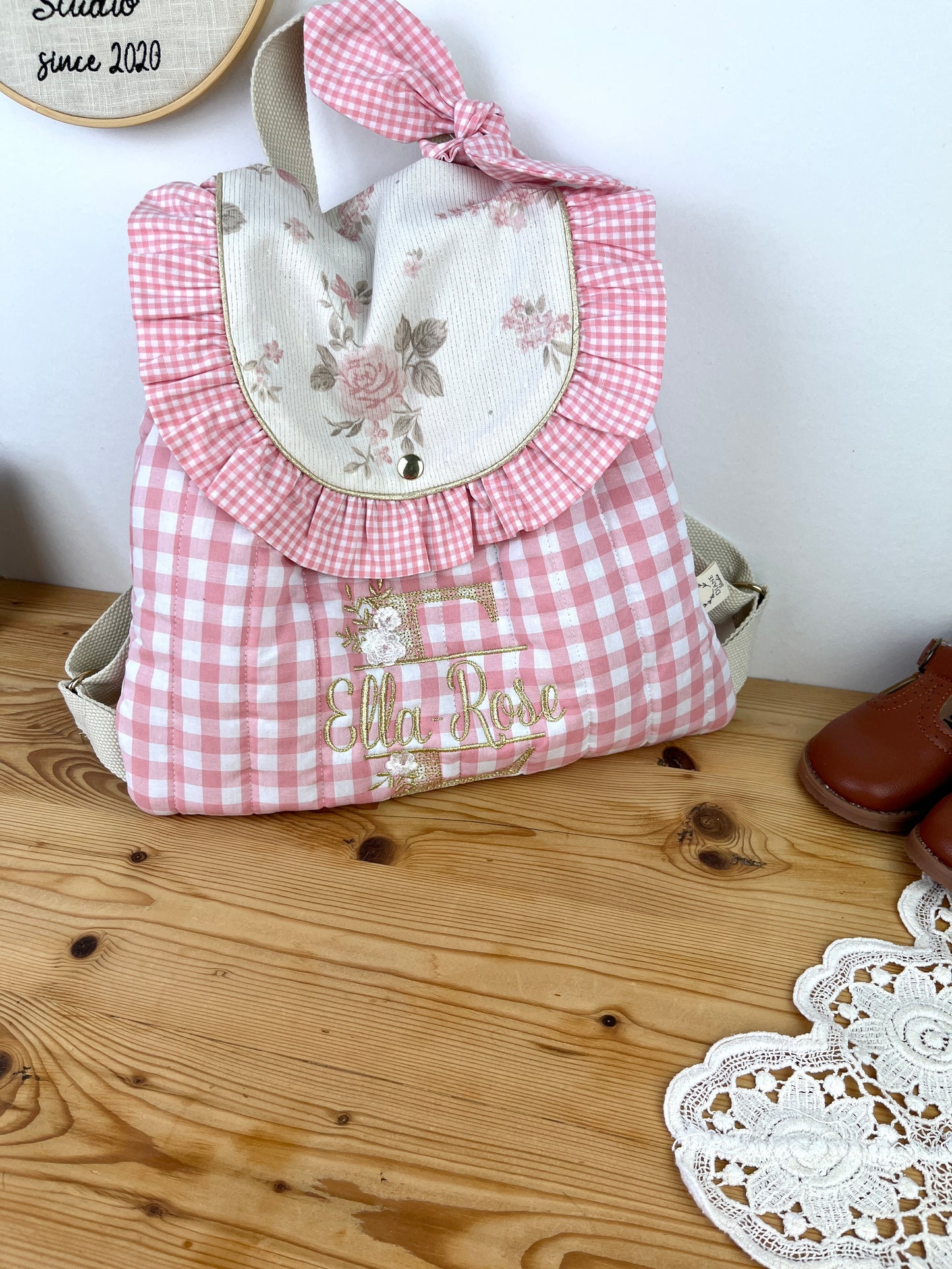 Le sac à dos Églantine vichy rose et jacquard