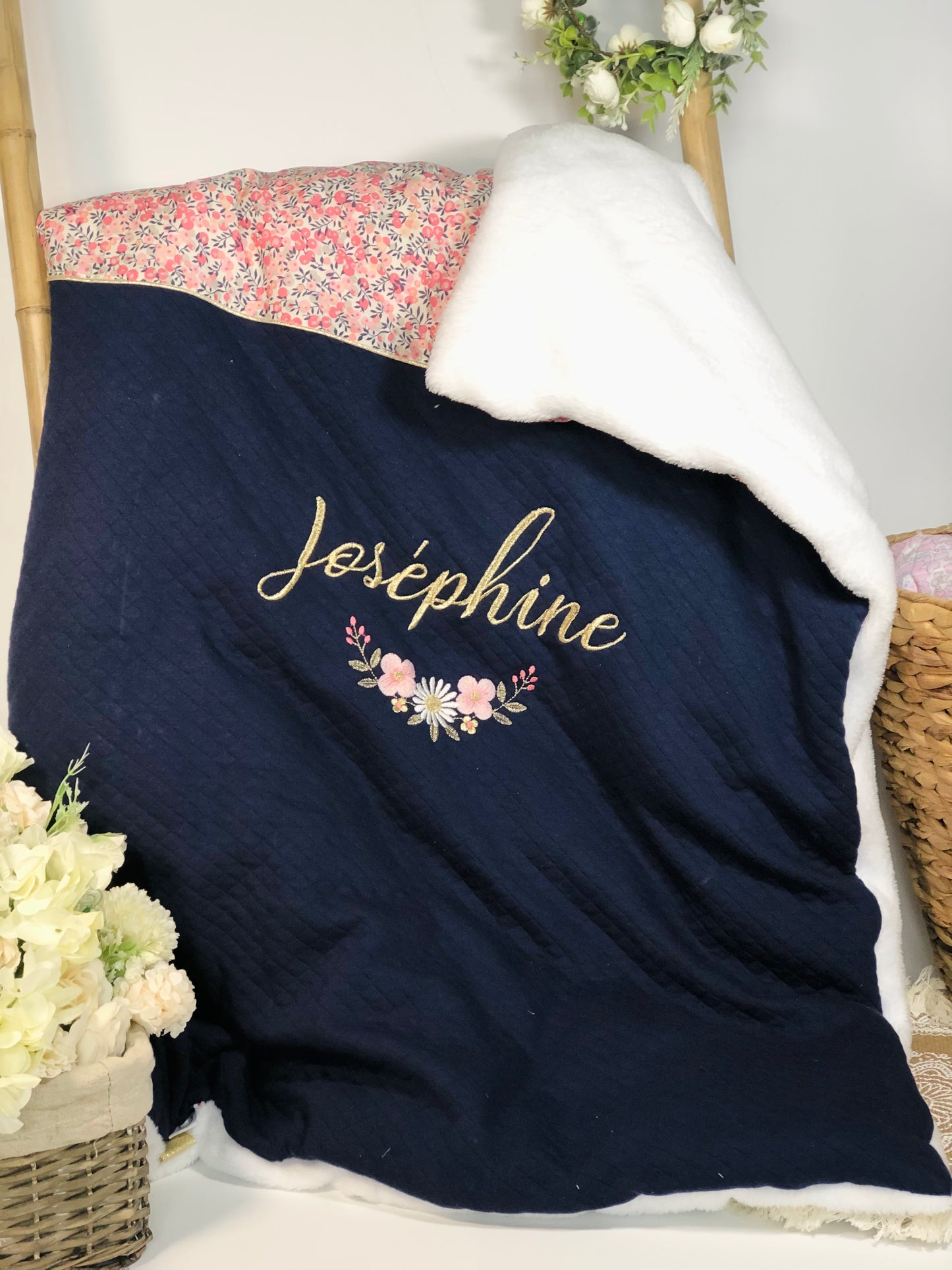 La couverture gaze marine et liberty Wiltshire pois de senteur