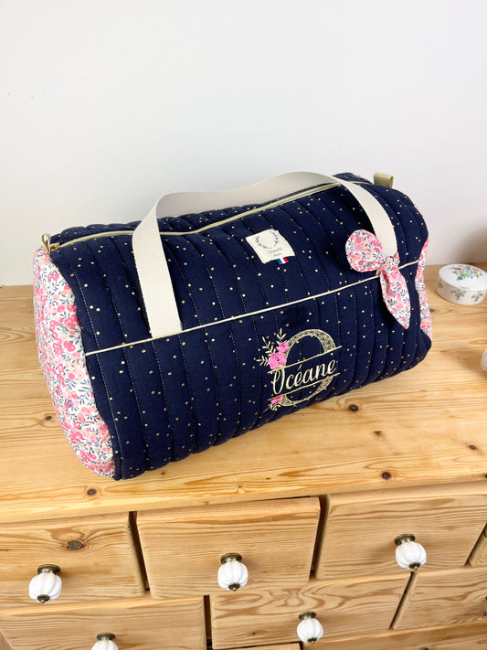 Louison le sac polochon personnalisé matelassé Liberty Wiltshire Pois de senteur
