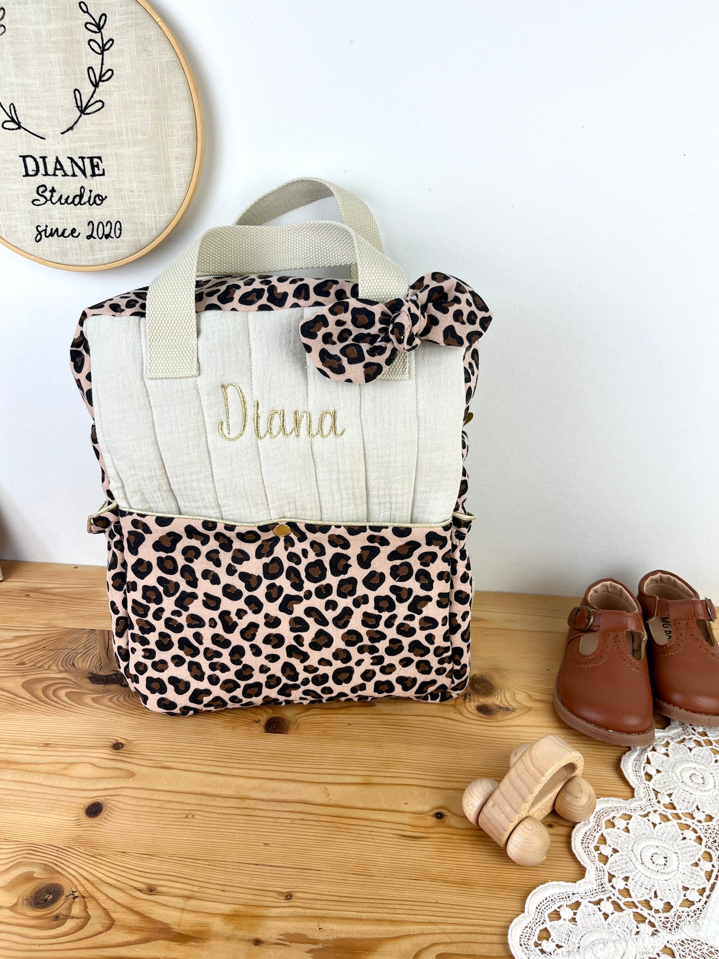 Le sac à dos enfant Ombeline gaze crème et léopard