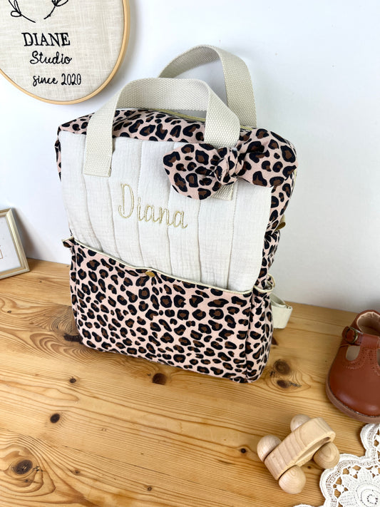 Le sac à dos enfant Ombeline gaze crème et léopard