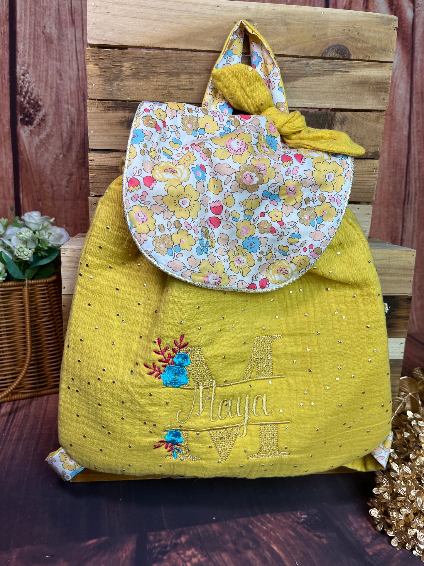 Le sac à dos enfant personnalisé Églantine Liberty exclusif doré gaze moutarde