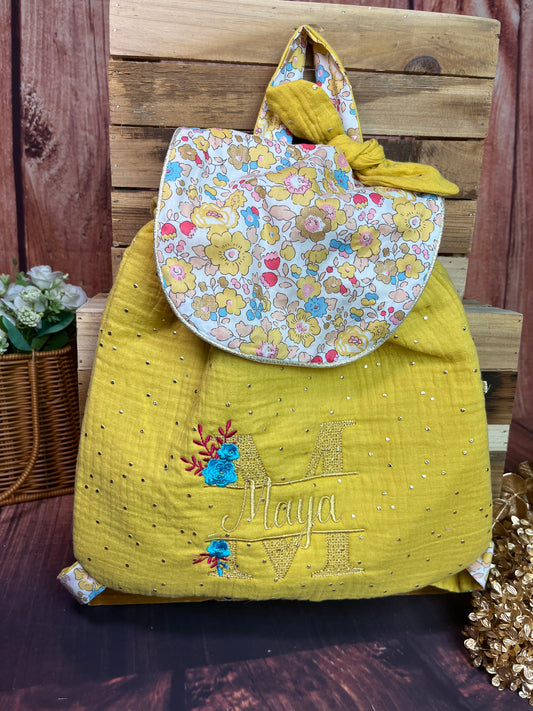 Le sac à dos enfant personnalisé Églantine Liberty exclusif doré gaze moutarde