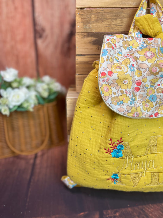Le sac à dos enfant personnalisé Églantine Liberty exclusif doré gaze moutarde