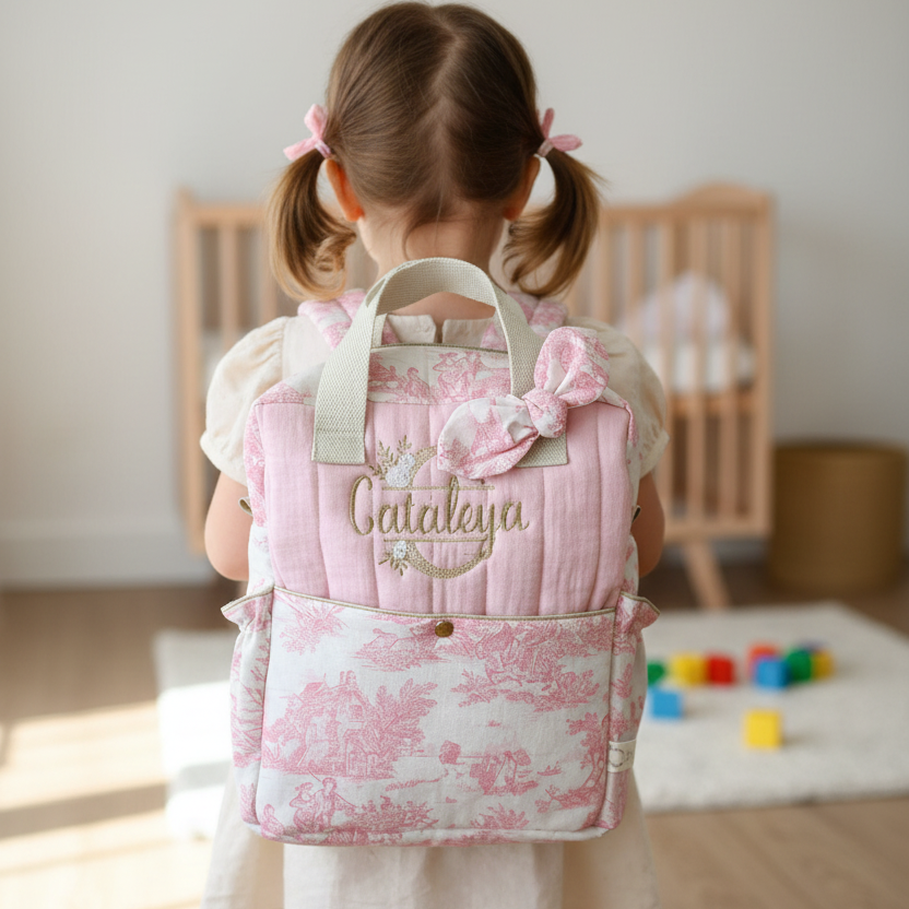 Le sac à dos enfant Ombeline gaze et jouy rose initiale dentelle