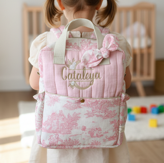 The Ombeline children's backpack in quilted gauze and sky blue gingham