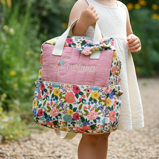 The Ombeline children's backpack in quilted gauze and sky blue gingham