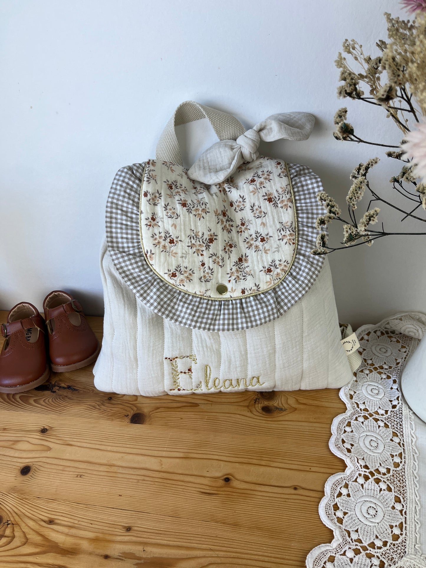 Le sac à dos Églantine gaze vanille et namra volant vichy