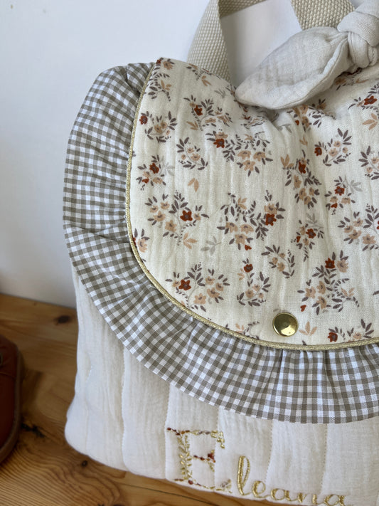 Le sac à dos Églantine gaze vanille et namra volant vichy