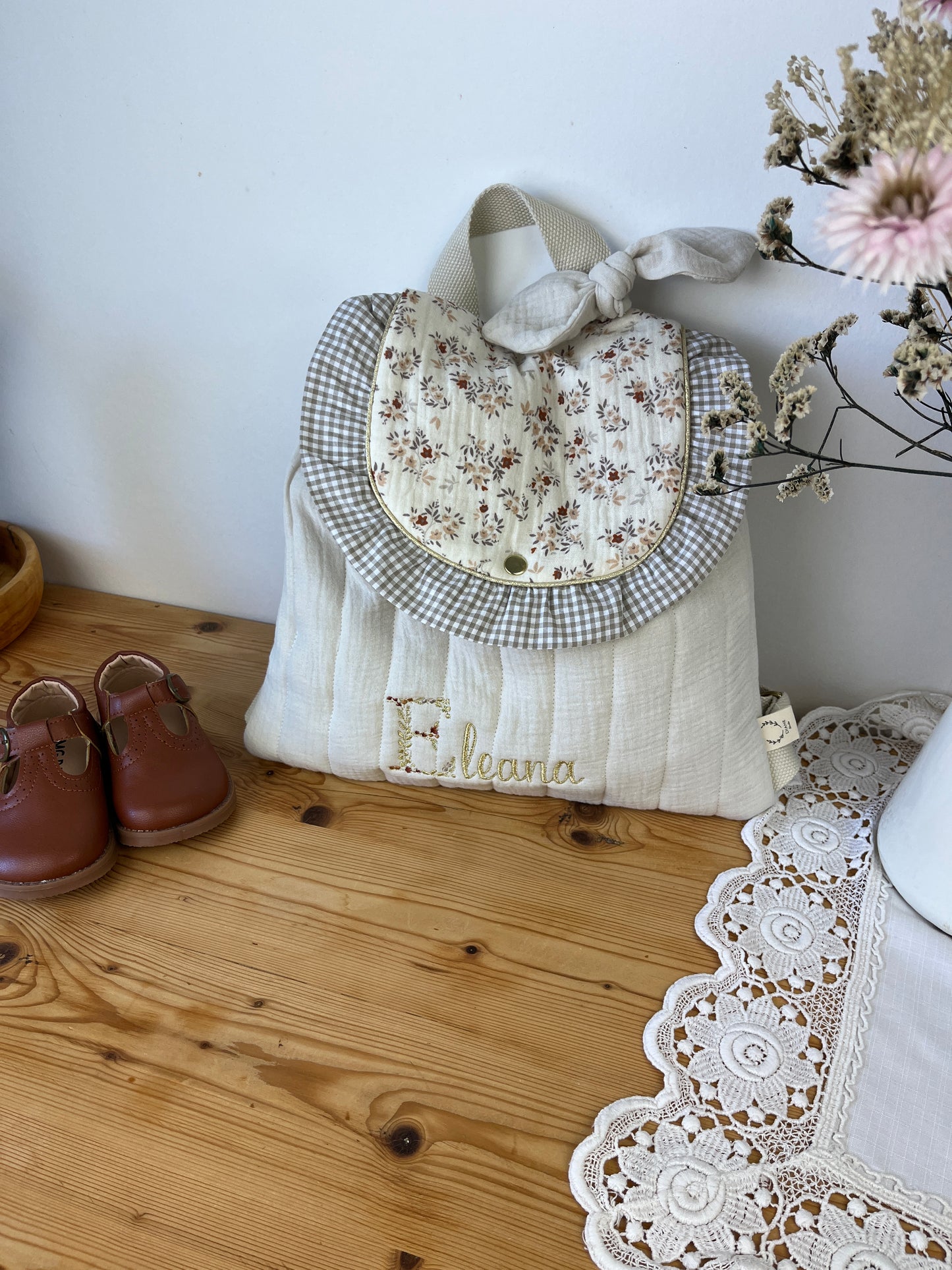 Le sac à dos Églantine gaze vanille et namra volant vichy