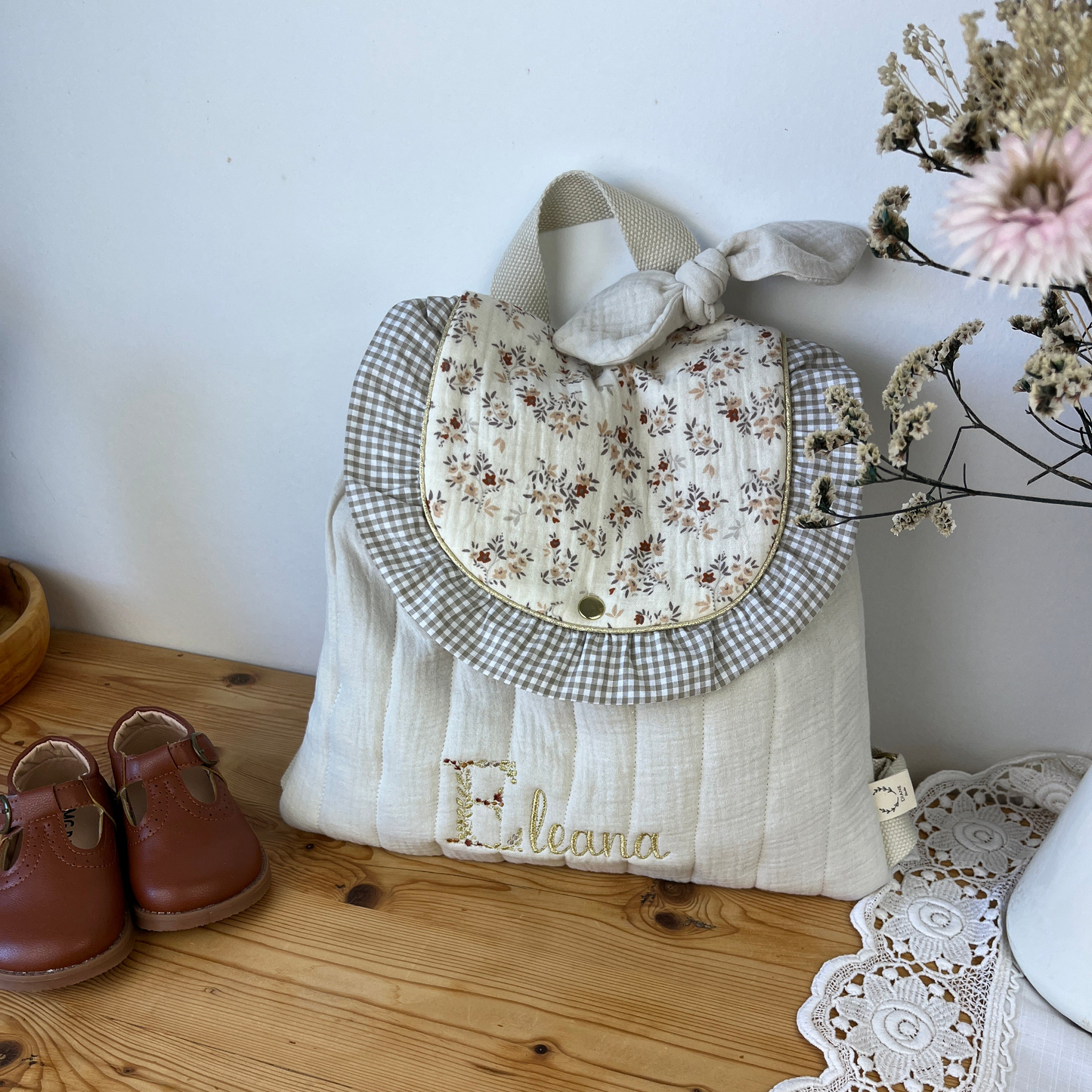Le sac à dos Églantine gaze vanille et namra volant vichy