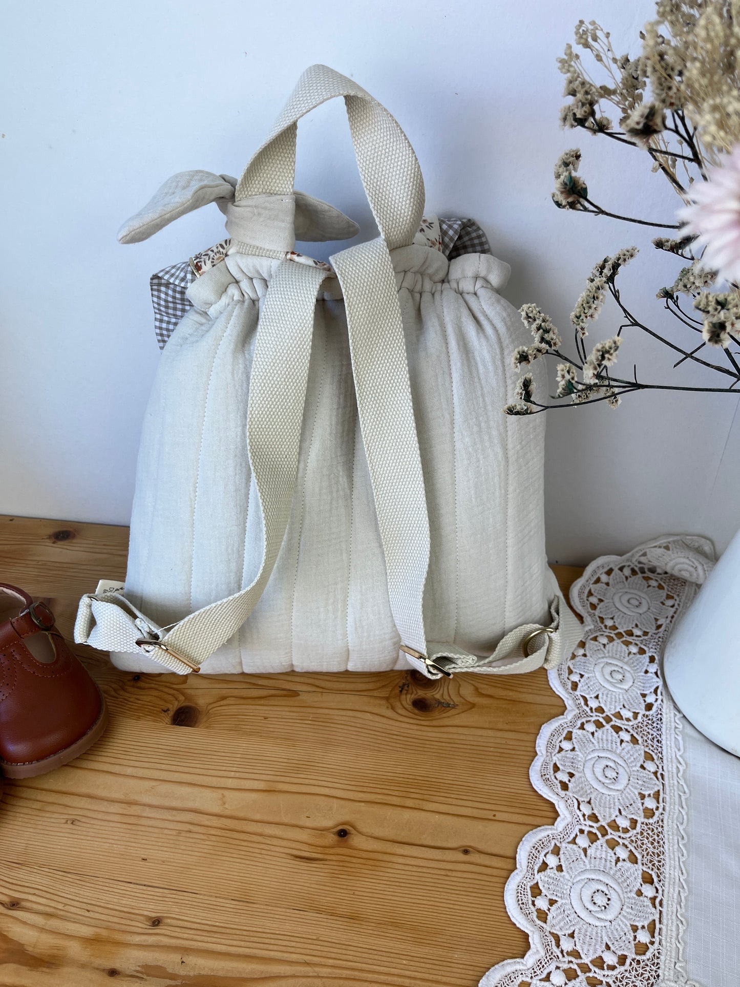 Le sac à dos Églantine gaze vanille et namra volant vichy