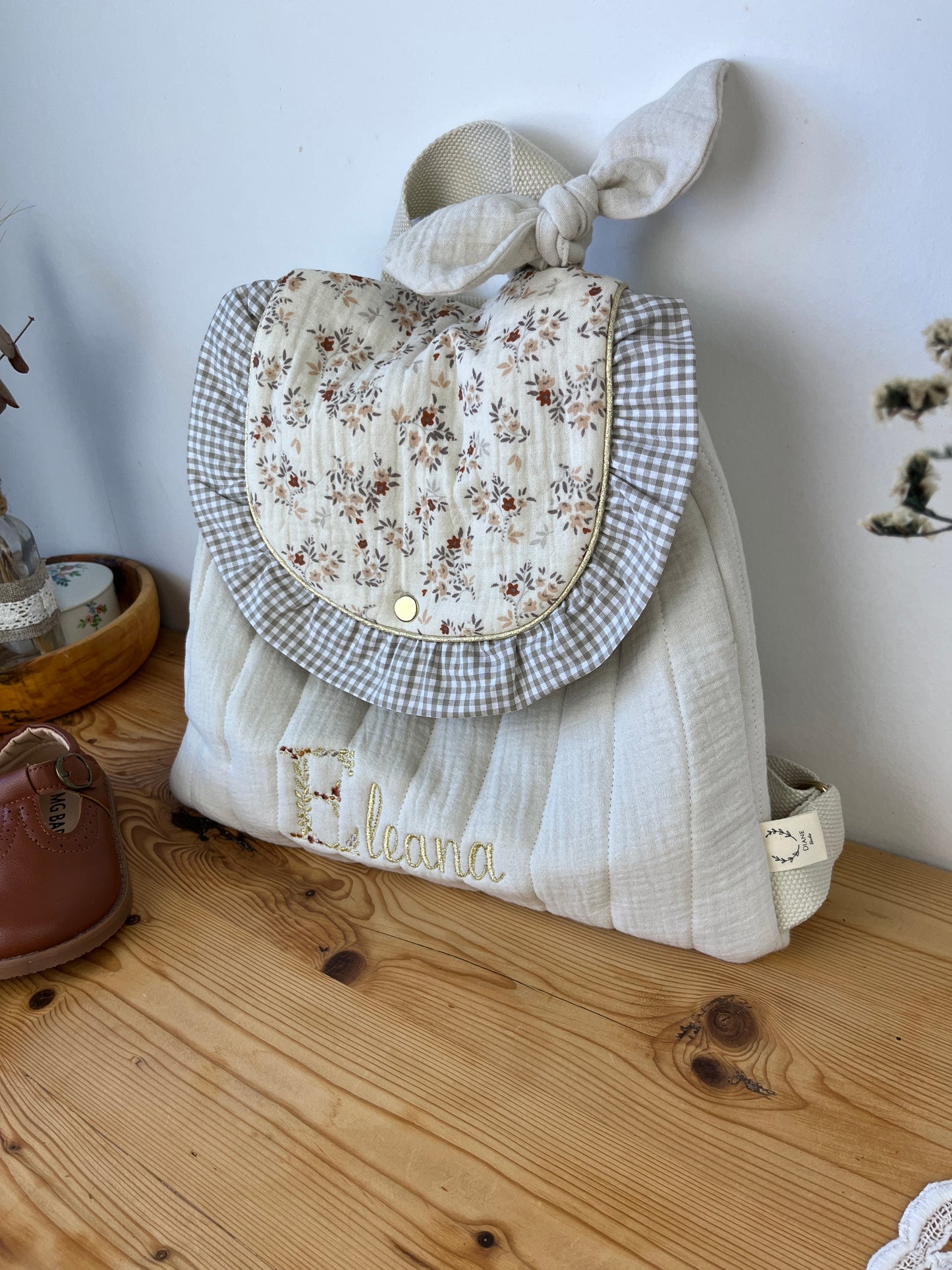 Le sac à dos Églantine gaze vanille et namra volant vichy