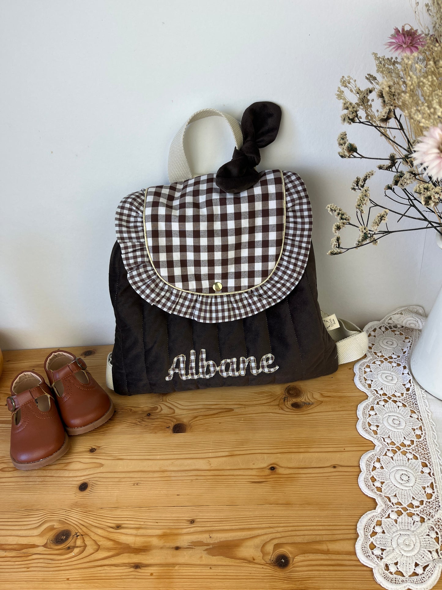 Le sac à dos Églantine velours et vichy chocolat