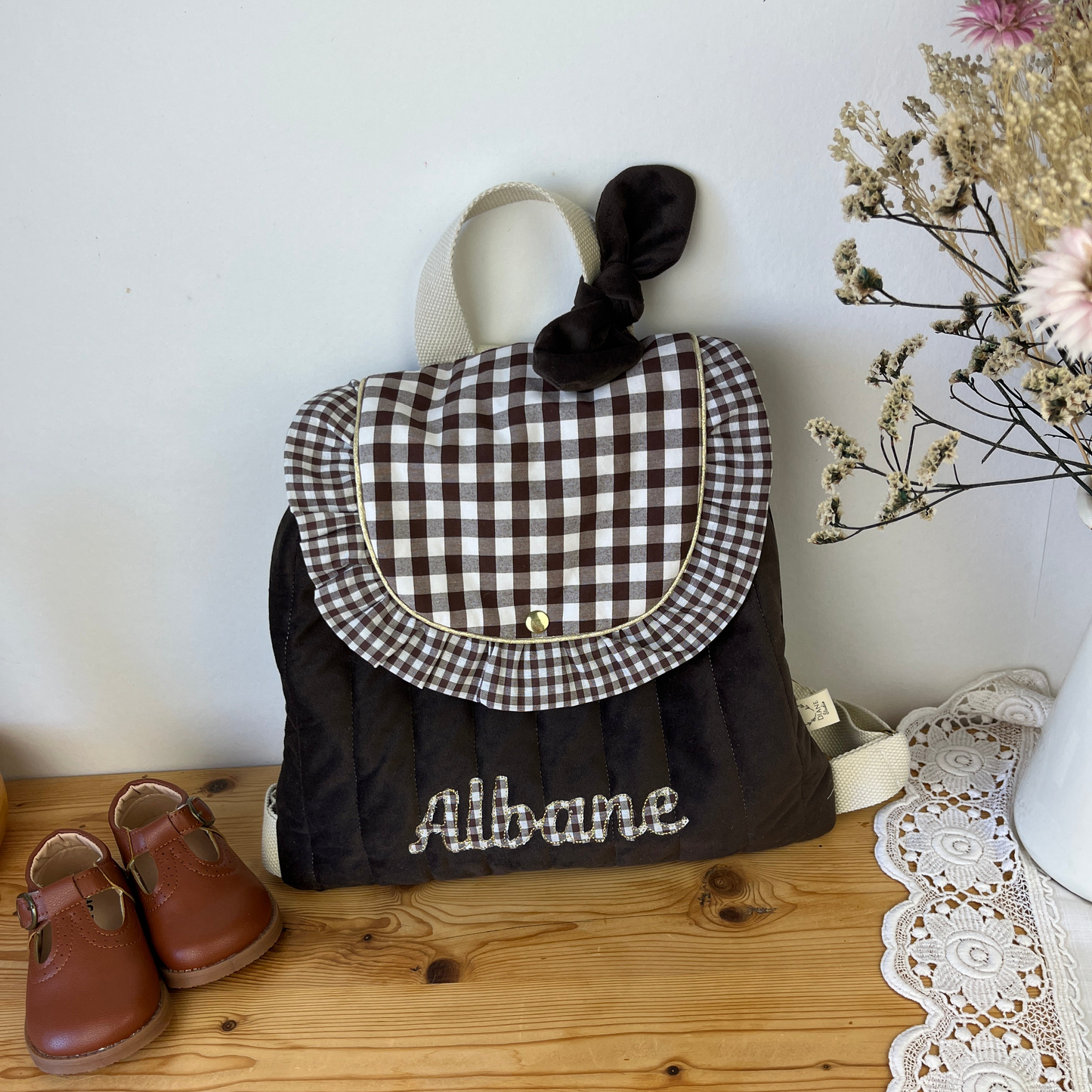 Le sac à dos Églantine velours et vichy chocolat