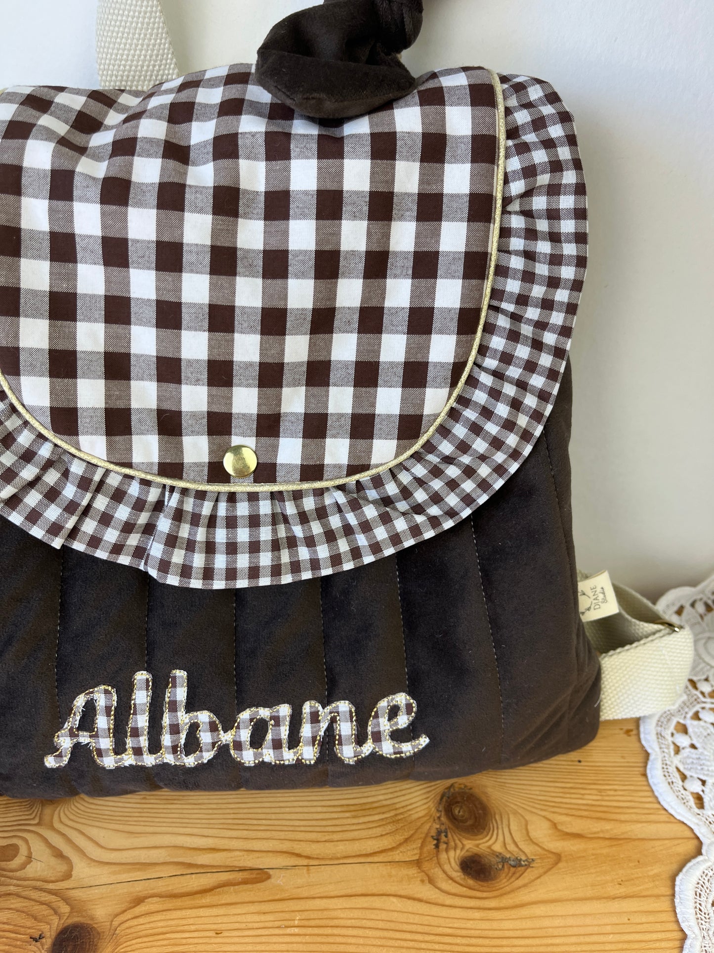 Le sac à dos Églantine velours et vichy chocolat