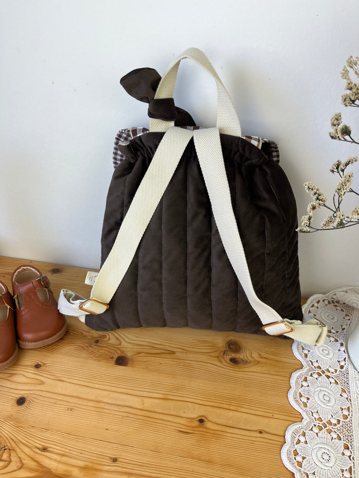Le sac à dos Églantine velours et vichy chocolat