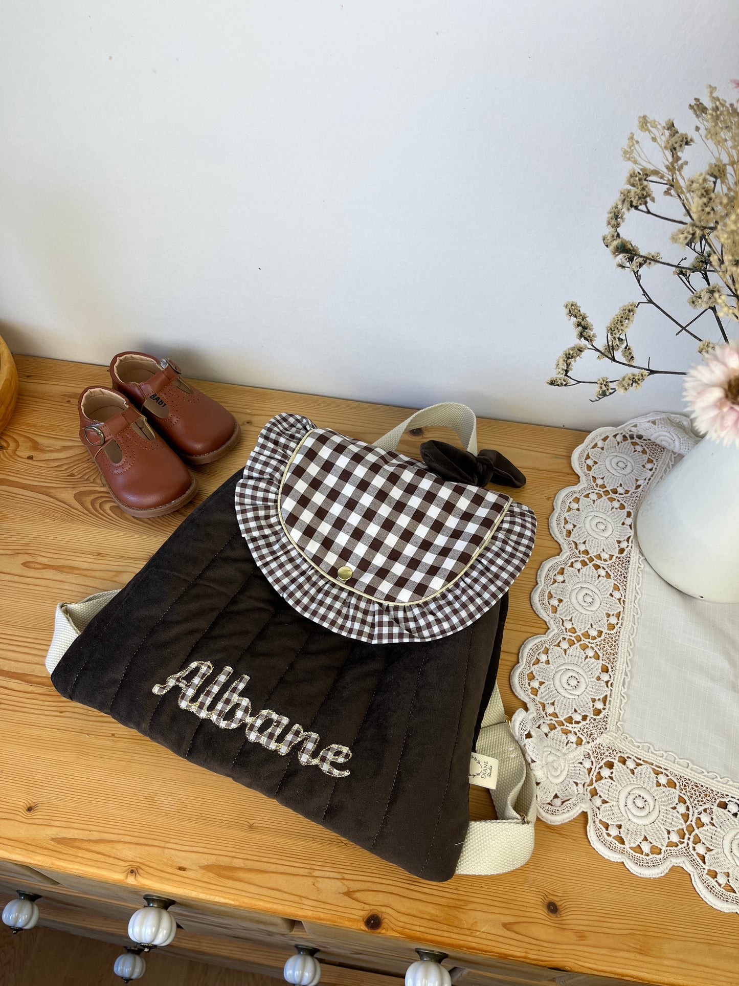 Le sac à dos Églantine velours et vichy chocolat
