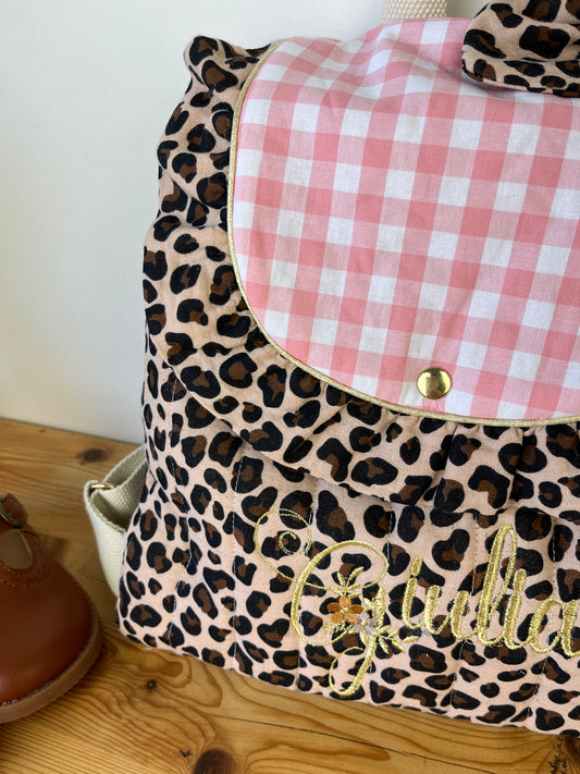 Le sac à dos Églantine gaze léopard et vichy rose