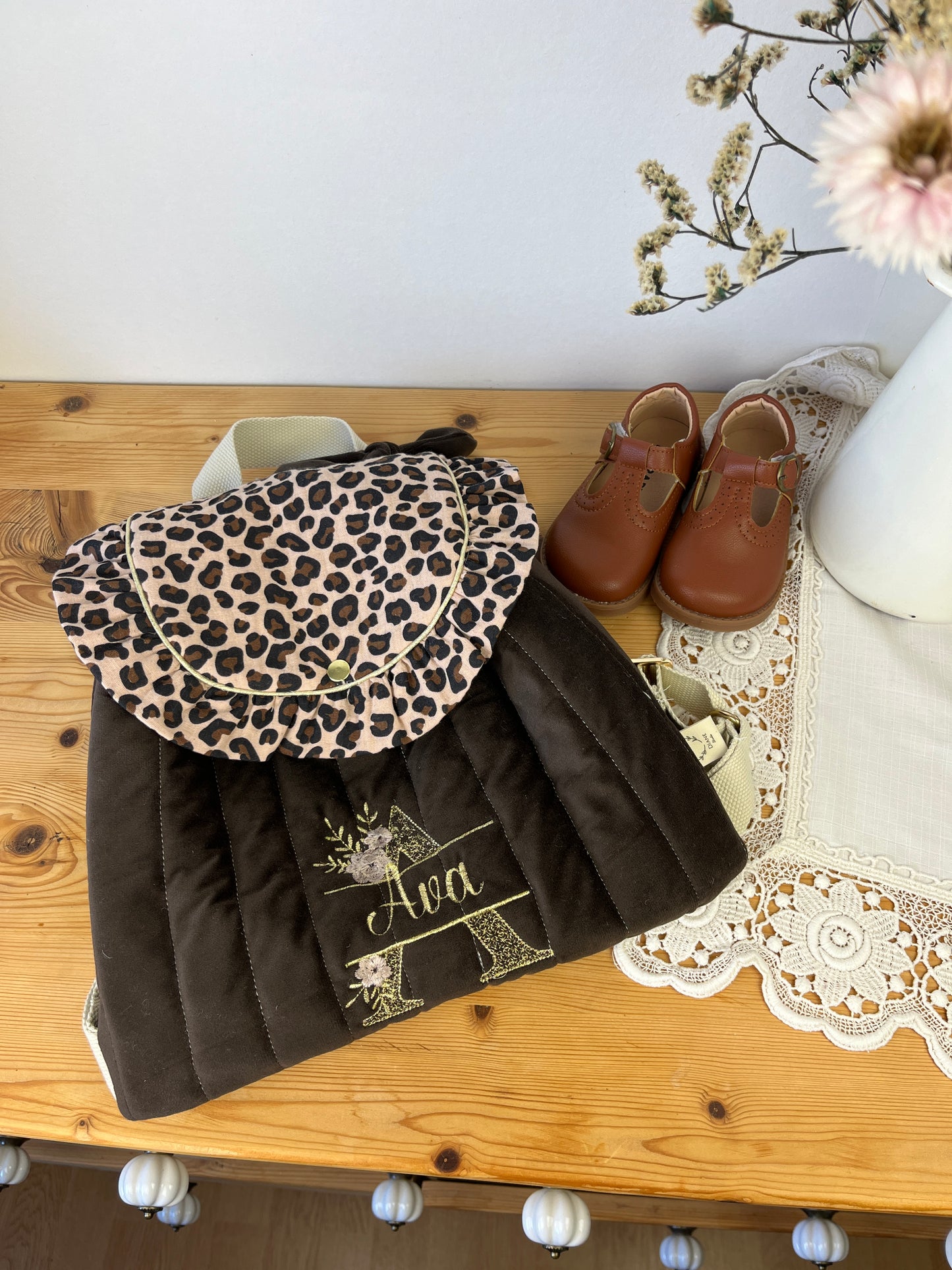 Le sac à dos Églantine gaze léopard et velours chocolat
