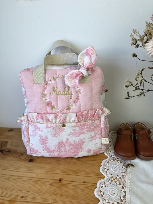 Le sac à dos enfant Ombeline gaze et jouy rose version Maddy
