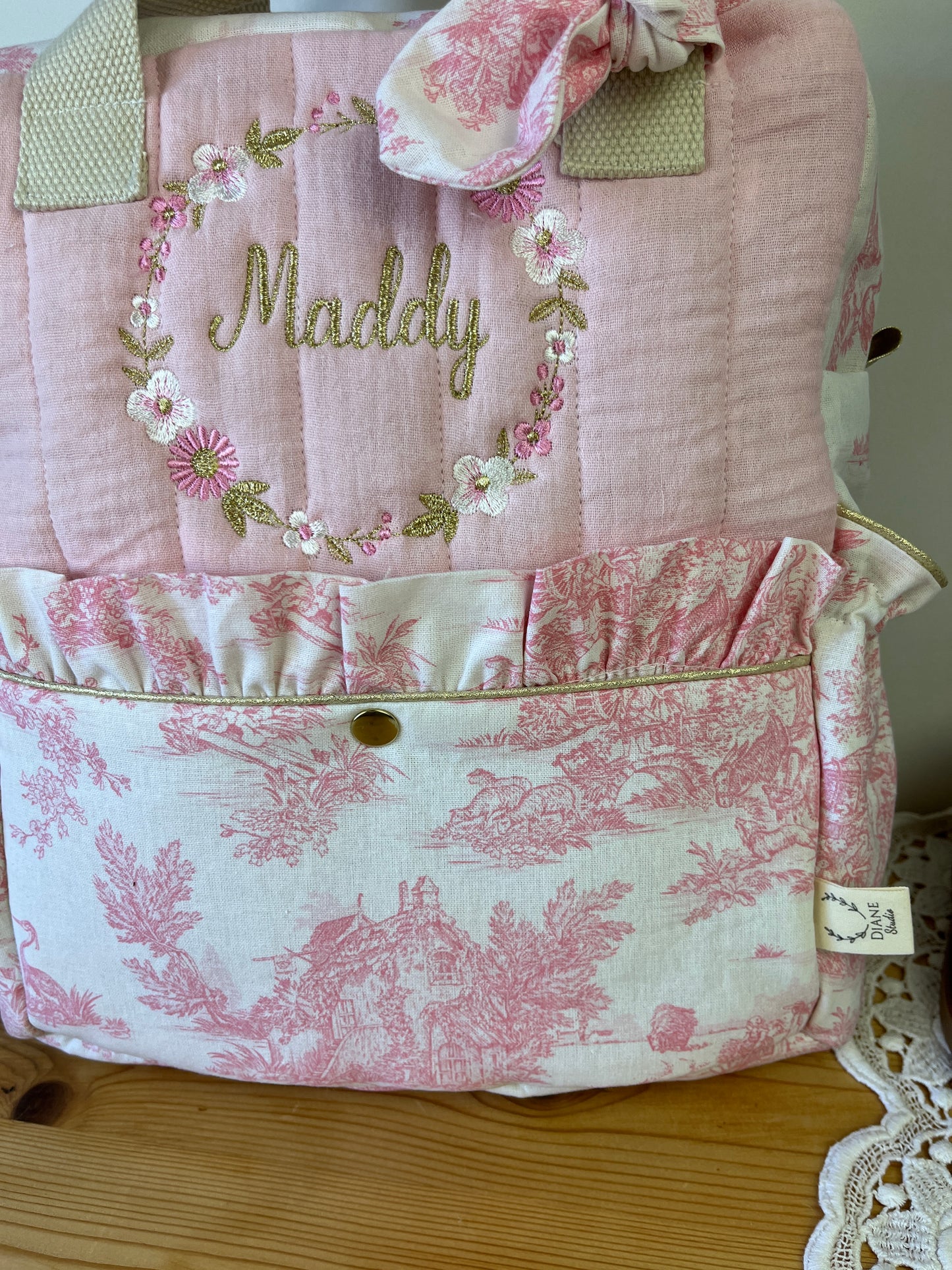 Le sac à dos enfant Ombeline gaze et jouy rose version Maddy