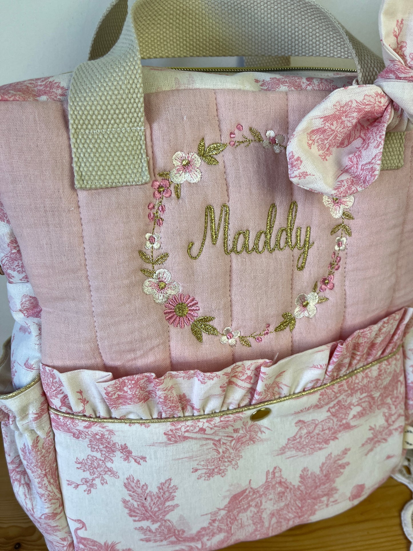 Le sac à dos enfant Ombeline gaze et jouy rose version Maddy