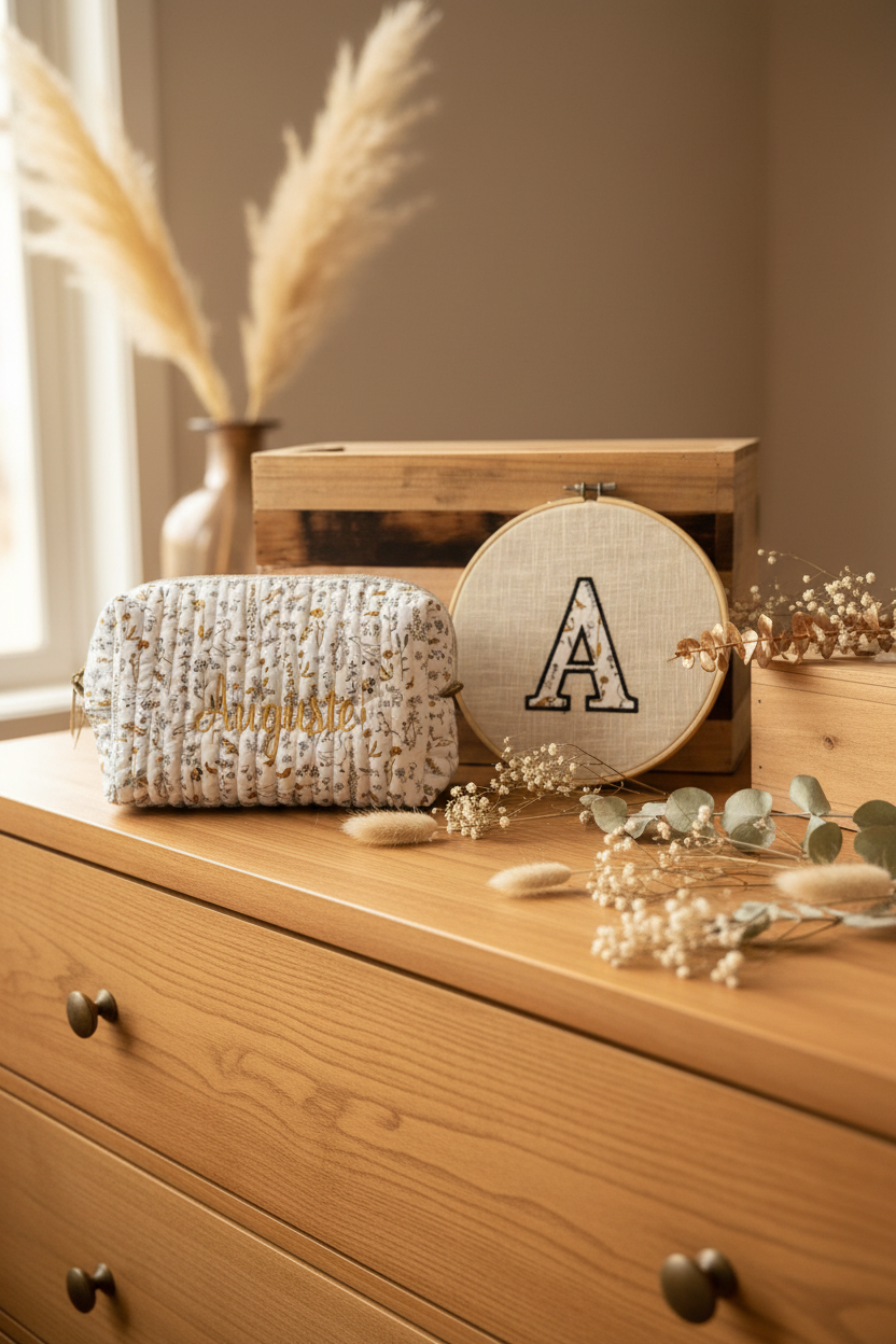 Ensemble : trousse de toilette et tambourin brodé