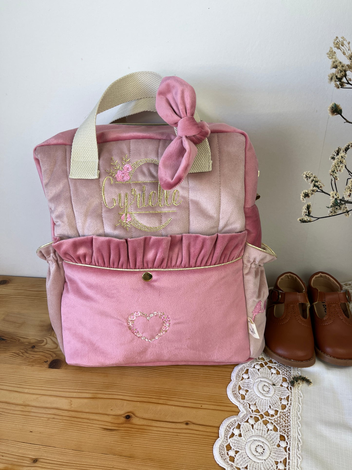 Le sac à dos enfant Ombeline velours rose thé ret rose poudré