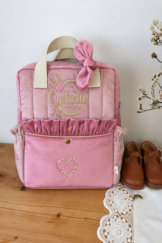 Le sac à dos enfant Ombeline velours rose thé et rose poudré