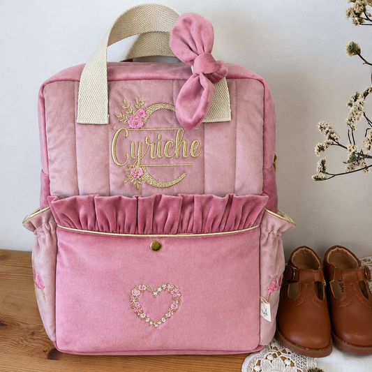 Le sac à dos enfant Ombeline velours rose thé et rose poudré