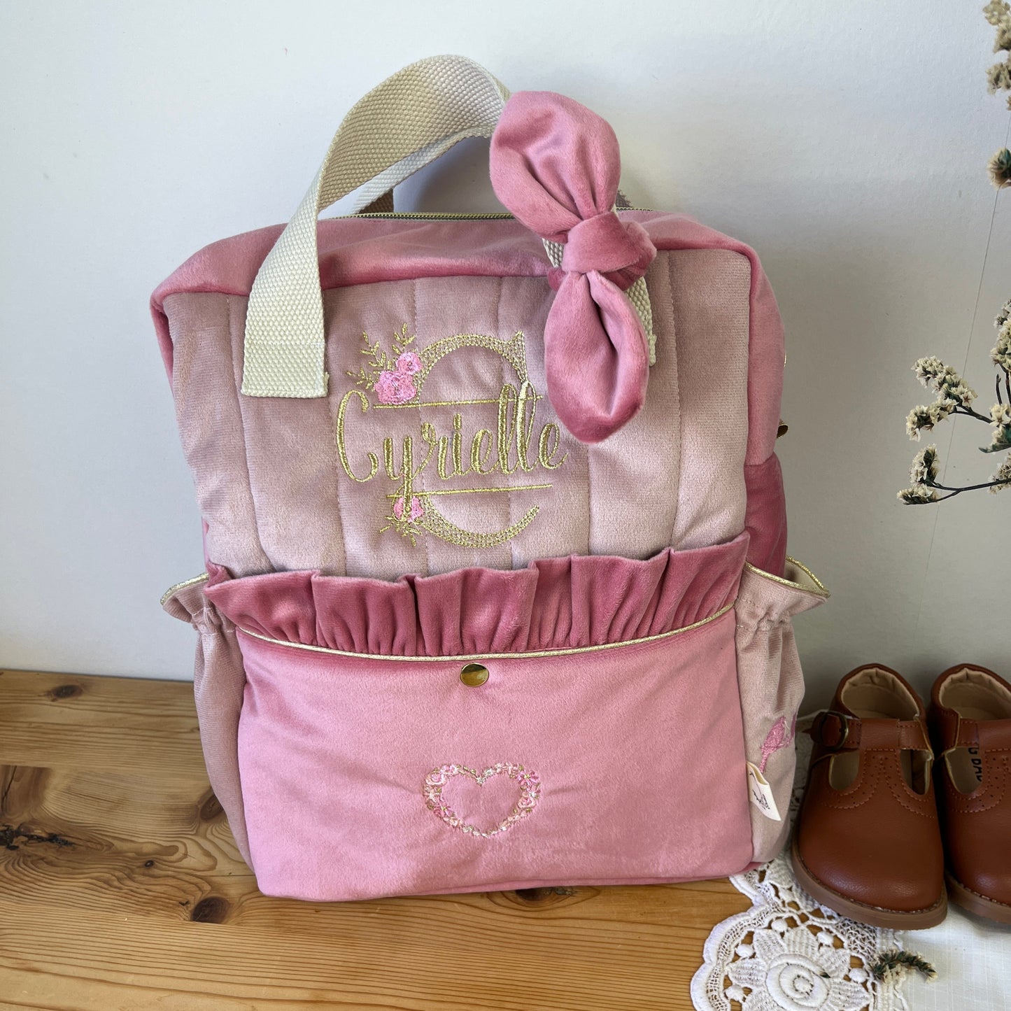 Le sac à dos enfant Ombeline velours rose thé ret rose poudré