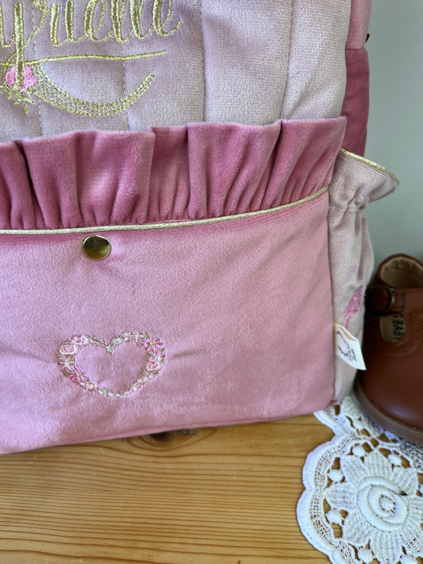 Le sac à dos enfant Ombeline velours rose thé ret rose poudré
