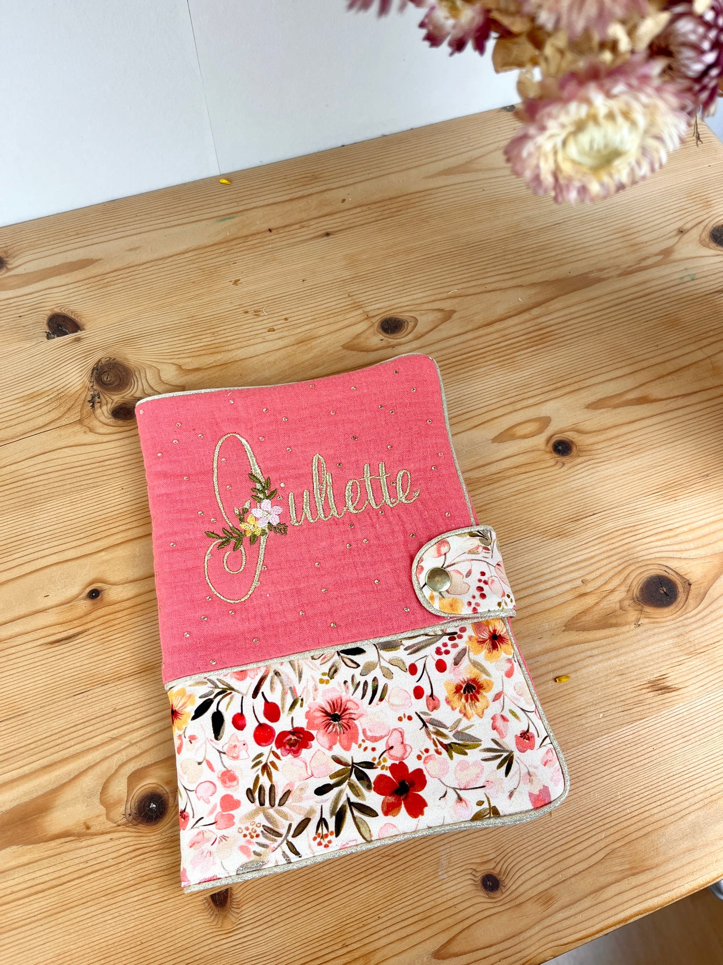 Mahé le protège carnet gaze corail doré et jersey Elise