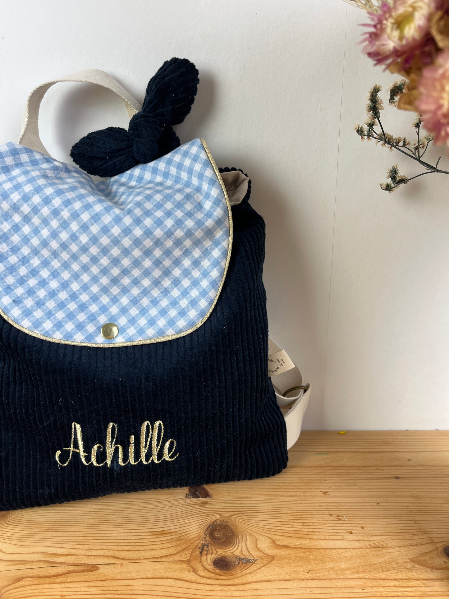 Le sac à dos Églantine velours marine et vichy bleu