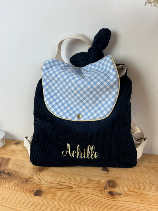 Le sac à dos Églantine velours marine et vichy bleu