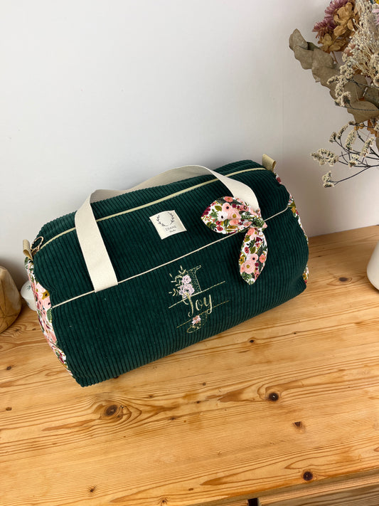 Louison le sac polochon enfant velours vert sapin et garden party rose