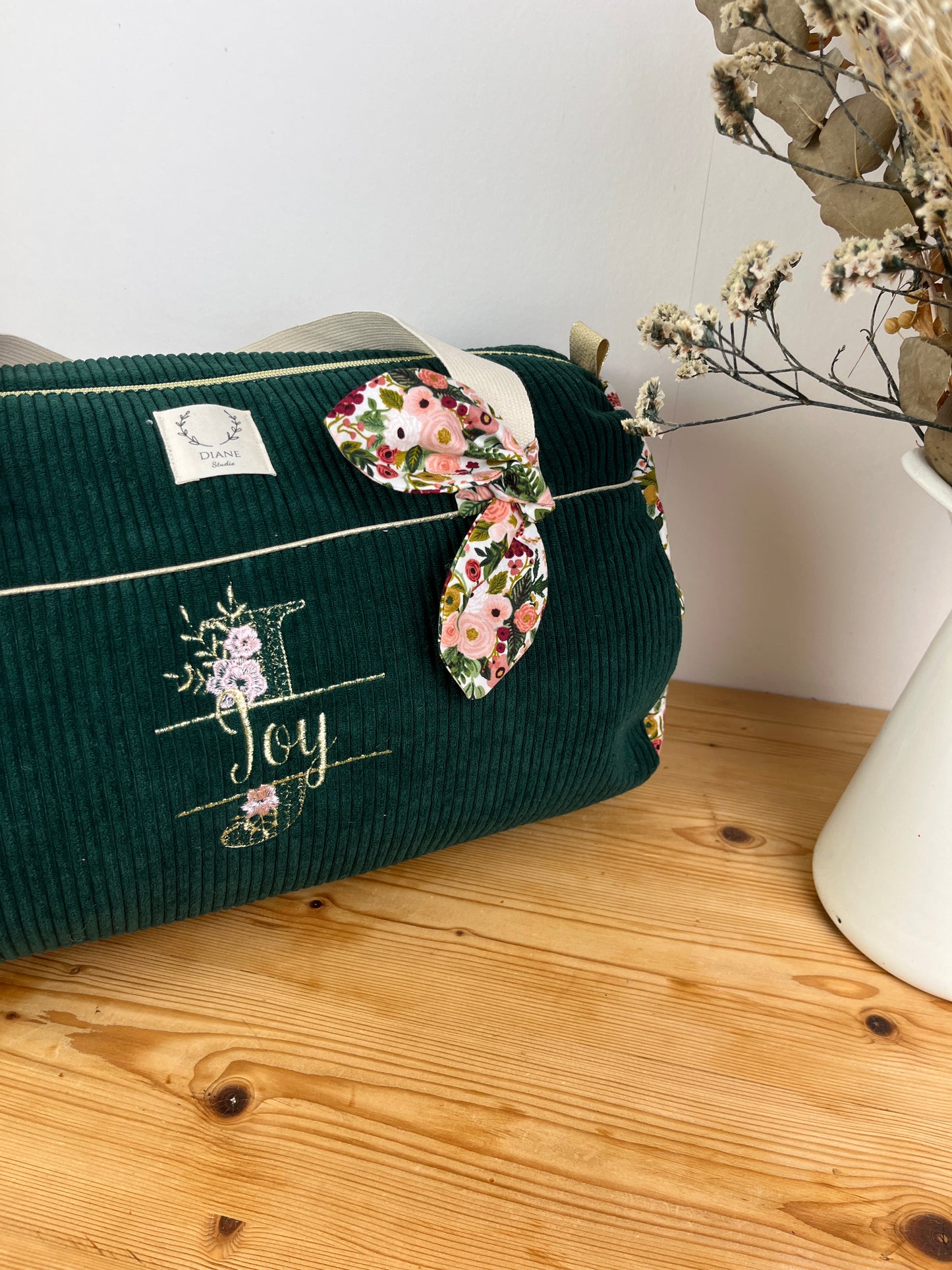 Louison le sac polochon enfant velours vert sapin et garden party rose