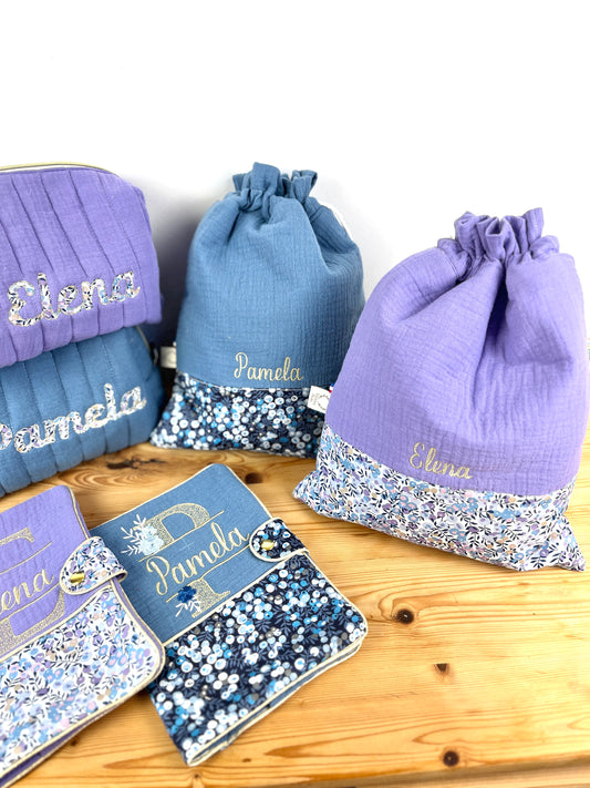Pochon personnalisé lilas et Liberty wiltshire  lilas