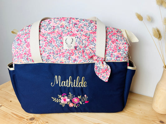 Aimé le sac à langer gabardine marine et Pois de senteur